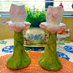 Set of 2 Porcelain Ceramic Pink Flower Candle Holders Made Hand Painted Maiolica